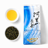 BESTLEAFTEA Taiwan Alishan Zhulu Pearl Dew High Mountain Oolong Tea package with brewed tea and loose tea leaves