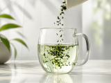 Loose green tea leaves falling into a glass mug of brewed tea