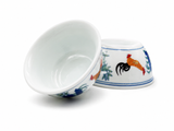White ceramic gongfu tea cup with rooster and red flower design
