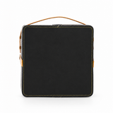 Portable black tea set carrying case with stitched tan handle