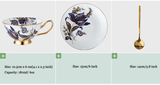 Blue and gold floral bone china cup set with cup, saucer, spoon, and size details
