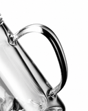 Clear borosilicate glass brewing mug with large smooth glass handle, bamboo lid, and inner mountain-shaped glass detail.