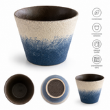 Underglaze ceramic latte cup shown from side, top, and bottom views with feature icons