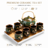 Luxury ceramic tea set with teapot and 6 cups on bamboo tray, green glazed finish, elegant tea ceremony gift set