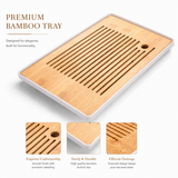 Premium bamboo tea tray with drainage grooves and minimalist white base, elegant tea set accessory