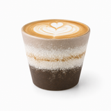 Mountain Mist stoneware mug with layered brown, white, and gray glaze, filled with latte art