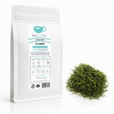 LuShan Mist green tea in a white pouch with loose dried tea leaves beside it
