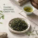 Tianmu Qingding green tea with loose dry leaves and brewed tea in a cup on a natural lifestyle background