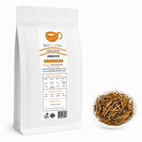 White pouch of Yunnan Dianhong Golden Needle black tea with loose golden tea buds