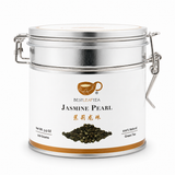 BestLeafTea Jasmine Pearl Green Tea in silver airtight tin canister on clean white background
