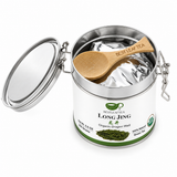 BESTLEAFTEA Organic Long Jing (Dragon Well) Green Tea, 3.5 oz (100 g) tin - open tin with inner foil bag and bamboo spoon