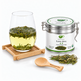 BESTLEAFTEA Organic Long Jing (Dragon Well) Green Tea, 3.5 oz (100 g) tin - tin with brewed green tea