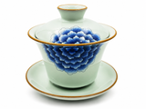 Celadon porcelain gongfu gaiwan with blue floral design, lid, and saucer