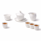 Yangzhi jade porcelain Gongfu tea set with gaiwan, fairness pitcher, and four tea cups