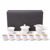 Yangzhi jade porcelain Gongfu tea set gift box with gaiwan, fairness pitcher, and eight tea cups