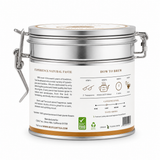 Back label of BestLeafTea Jasmine Pearl Green Tea tin showing brewing instructions and product details