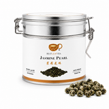 BestLeafTea Jasmine Pearl Green Tea tin with loose hand-rolled jasmine dragon pearls on white background