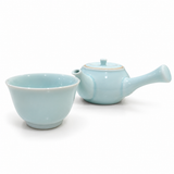 Pale blue Japanese ceramic tea set with a 250ml side-handle teapot and matching 180ml cup